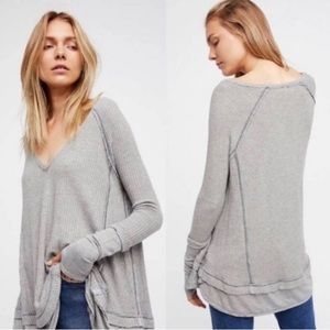 We The Free Grey Laguna Thermal Waffle Knit Long Sleeve Distressed Tunic Top